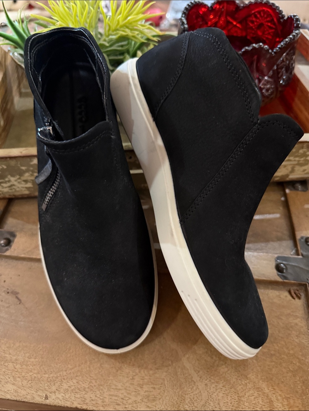 Ecco Black Suede Hidden Wedge Ankle Booties with White Sole